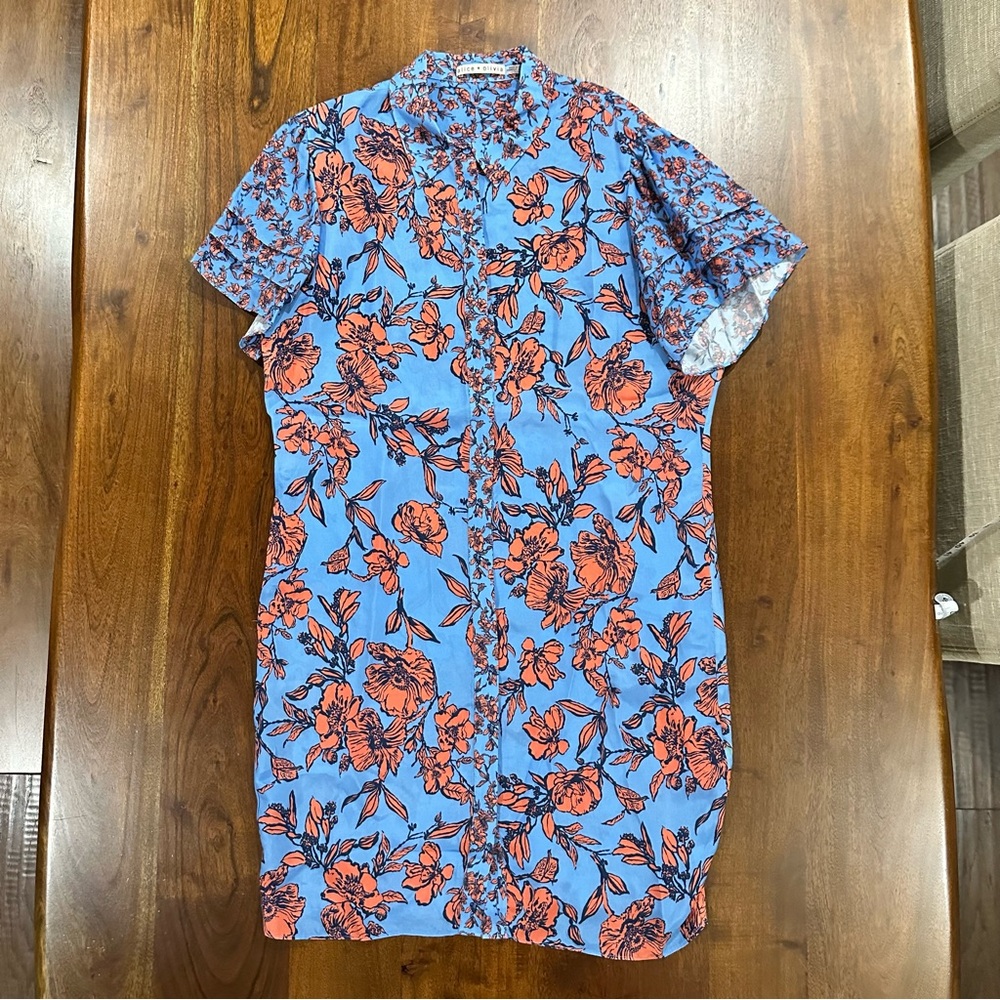 Alice + Olivia Floral Shirt Dress with Layered Flutter Sleeves Size XL - Picture 3 of 7